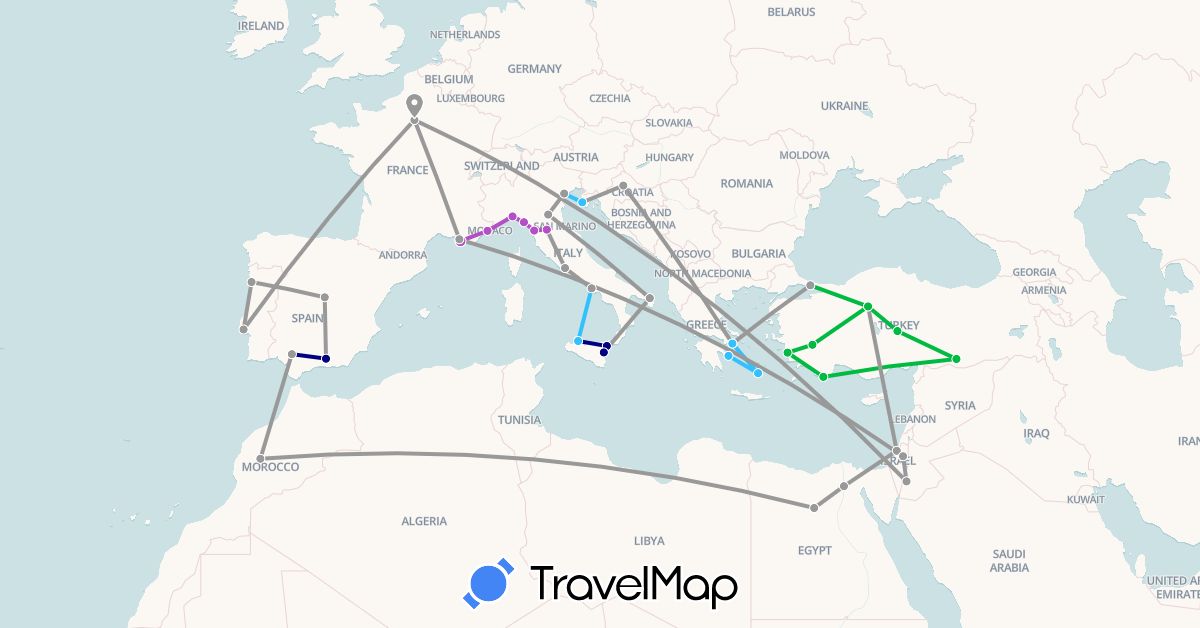 TravelMap itinerary: driving, bus, plane, train, boat in Egypt, Spain, France, Greece, Croatia, Israel, Italy, Jordan, Morocco, Portugal, Turkey (Africa, Asia, Europe)